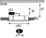Technical drawing of a 12V LED recessed spotlight with 66 mm diameter and 25 mm height.