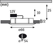 Technical drawing of a 12V LED recessed spotlight with 66 mm diameter and 25 mm height.