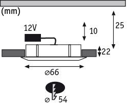 Technische Zeichnung eines 12V LED-Einbaustrahler mit 66 mm Durchmesser und 25 mm Höhe.