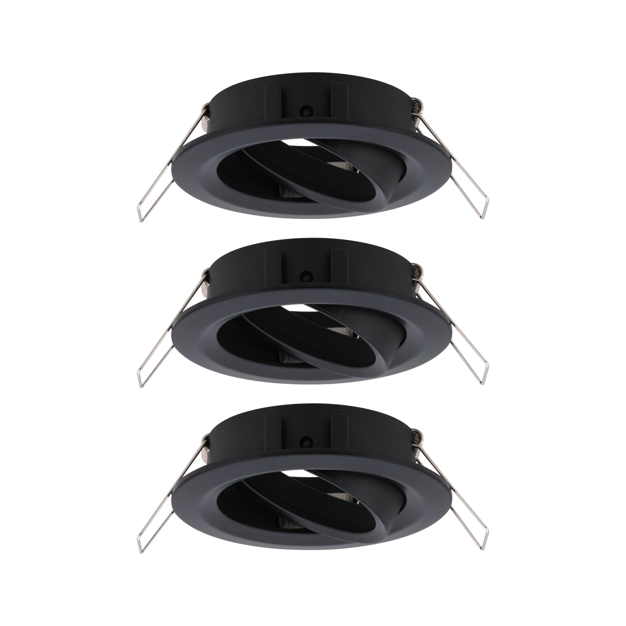 Drei schwarze Einbaustrahler aus Metall mit verstellbarem Innenring für flexible LED-Beleuchtung