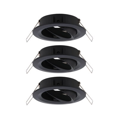 Three black metal recessed spotlights with adjustable inner ring for flexible LED lighting