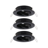Three black metal recessed spotlights with adjustable inner ring for flexible LED lighting