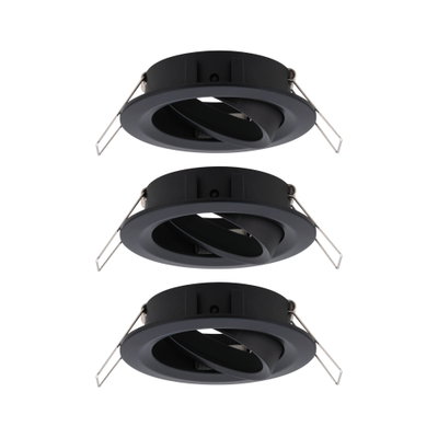Drei schwarze Einbaustrahler aus Metall mit verstellbarem Innenring für flexible LED-Beleuchtung