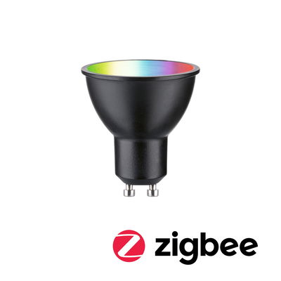Spot LED noir avec base GU10 et surface lumineuse multicolore pour éclairage intelligent Zigbee