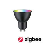 Black LED spotlight with GU10 base and multicolor light surface for smart Zigbee lighting solutions