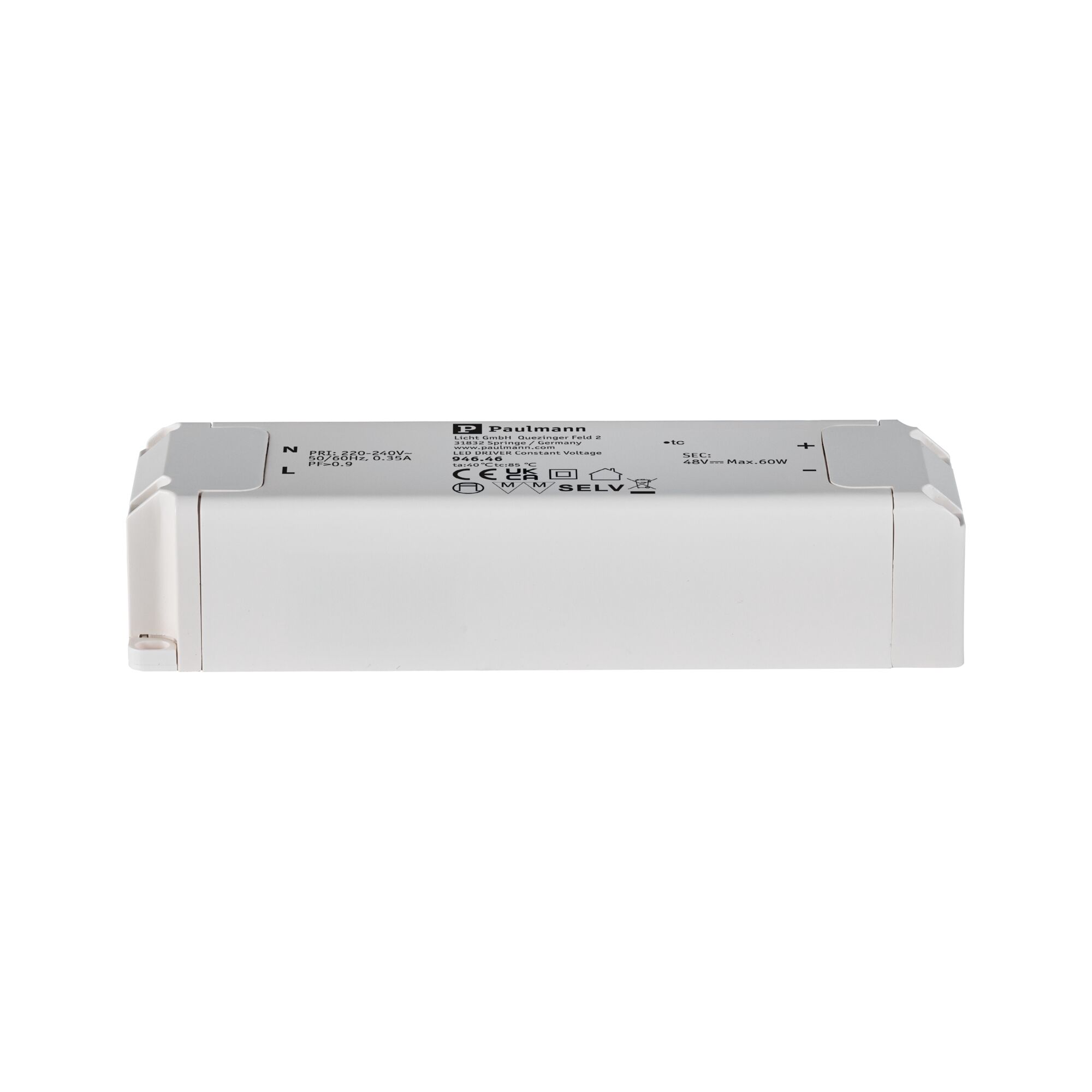 ULine accessoires Transfo 60VA Blanc 230/48V 29mm Boîtier blanc en plastique pour driver LED avec spécifications techniques et détails de connexion