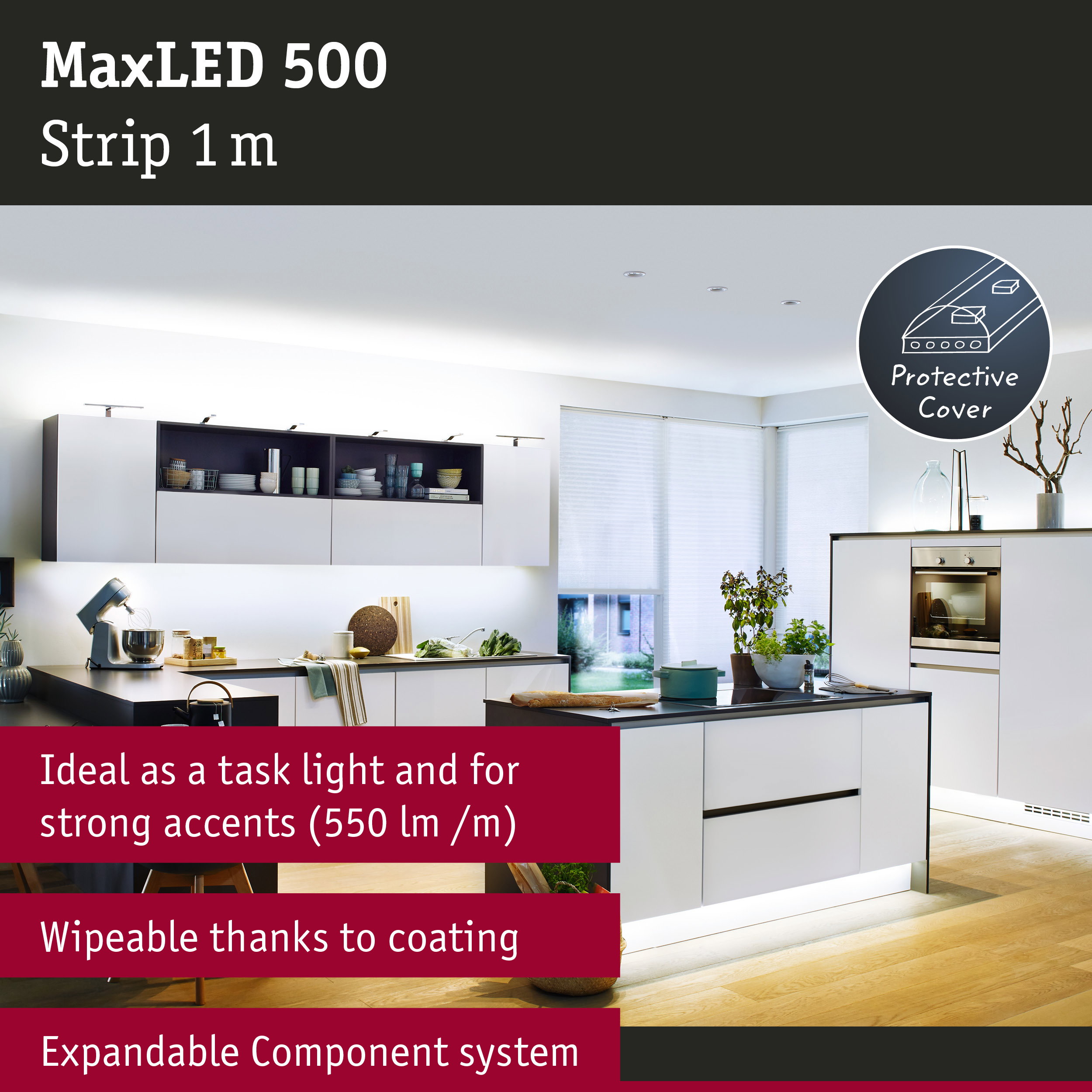 MaxLED 500 1m LED strip with protective cover, perfect for kitchen lighting and accent illumination
