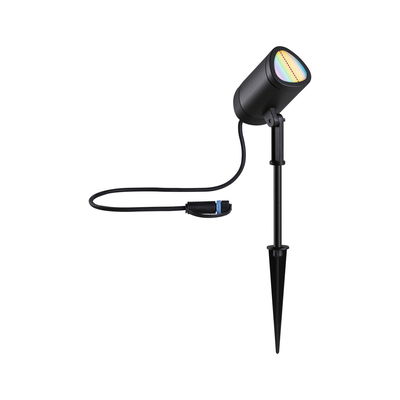 Black LED garden spotlight with ground spike and cable for outdoor lighting in modern style
