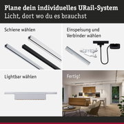 Modulares URail-Schienensystem in Schwarz und Weiß mit Lichtleisten und Verbindern für flexible Raumbeleuchtung