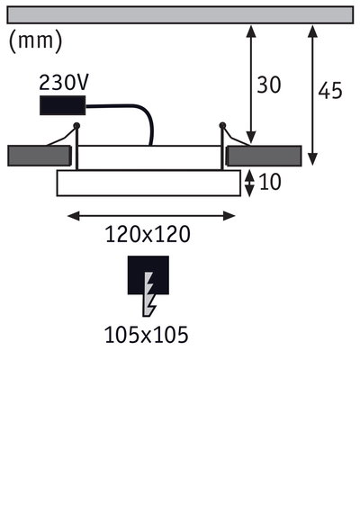 Technische Zeichnung einer LED-Einbauleuchte mit Maßen 120x120 mm und 230V Anschluss.