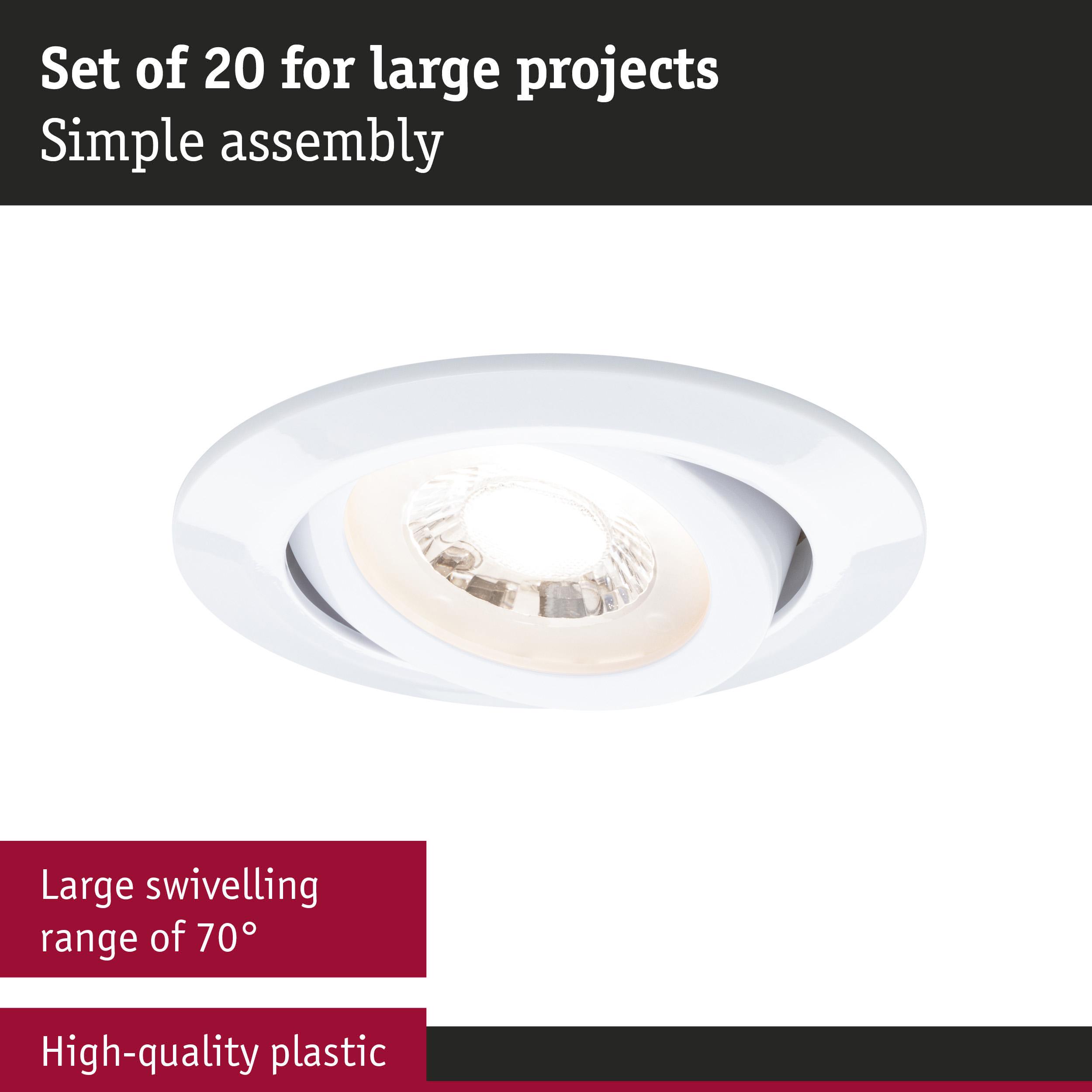 White recessed spotlight made of high-quality plastic with 70° swivel range for large projects