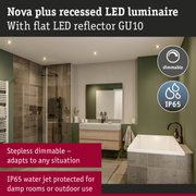 Nova plus white recessed LED spotlight with dimmable feature and IP65 water protection for bathrooms