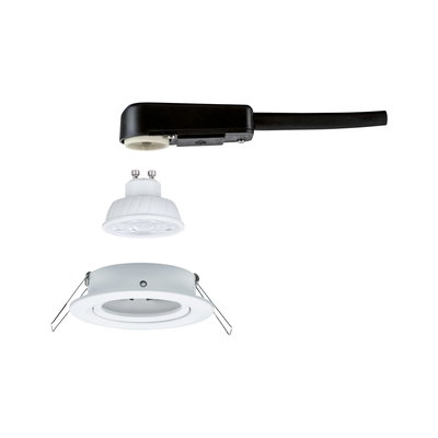 Explosionszeichnung eines weißen LED-Einbaustrahler-Sets mit schwarzem Anschlusskabel und Fassung