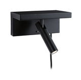 Schwarze LED-Wandleuchte aus Metall mit verstellbarem Spot und Textilkabel für moderne Innenräume