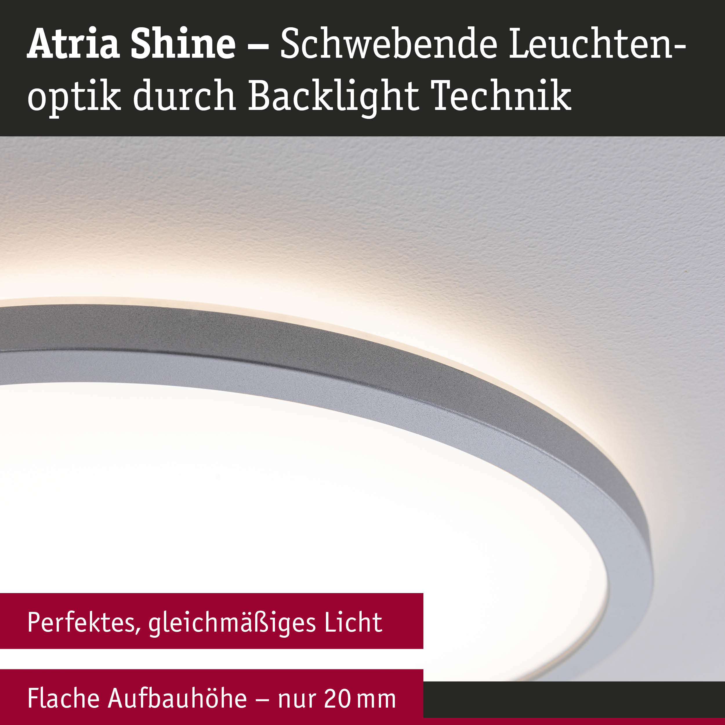 Atria Shine Deckenleuchte mit schwebender Optik und Backlight-Technik in Grau für modernes Lichtdesign