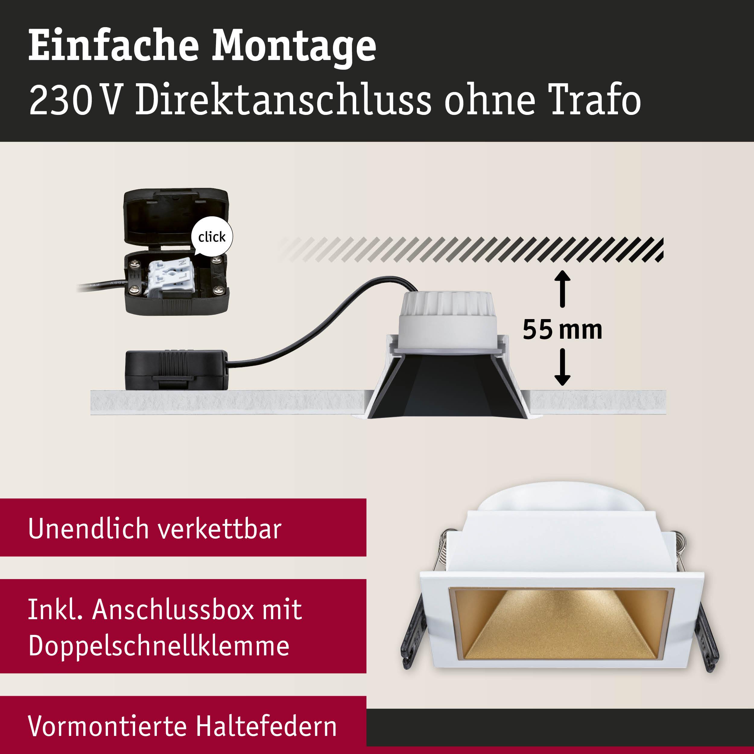 Weißer quadratischer Einbaustrahler mit goldfarbener Reflektorfläche und Anschlussbox für 230V Direktanschluss