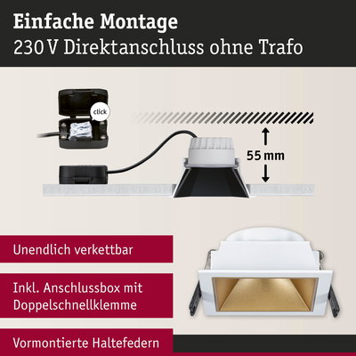 Weißer quadratischer Einbaustrahler mit goldfarbener Reflektorfläche und Anschlussbox für 230V Direktanschluss
