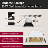 Weißer quadratischer Einbaustrahler mit goldfarbener Reflektorfläche und Anschlussbox für 230V Direktanschluss