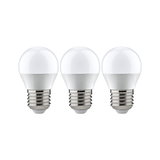 Three white LED bulbs with E27 base made of plastic and metal for energy-saving lighting