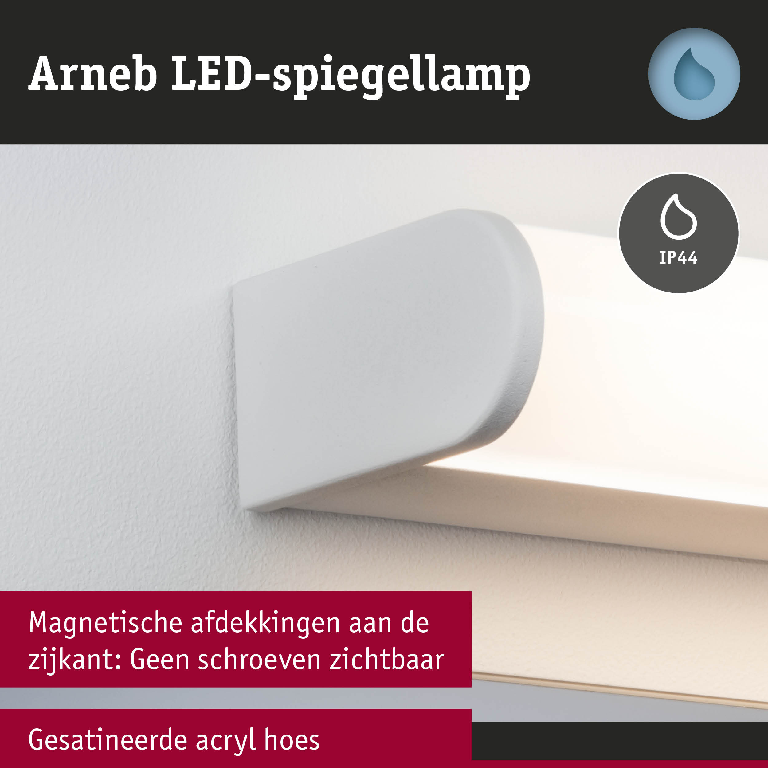 Witte Arneb LED-spiegellamp met magnetische afdekking en gesatineerde acryl hoes voor badkamerverlichting
