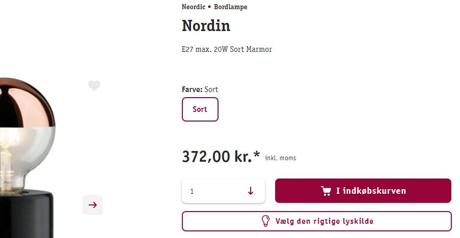 Sort Nordin bordlampe med marmorfod og kobberfarvet glas, moderne LED-belysning