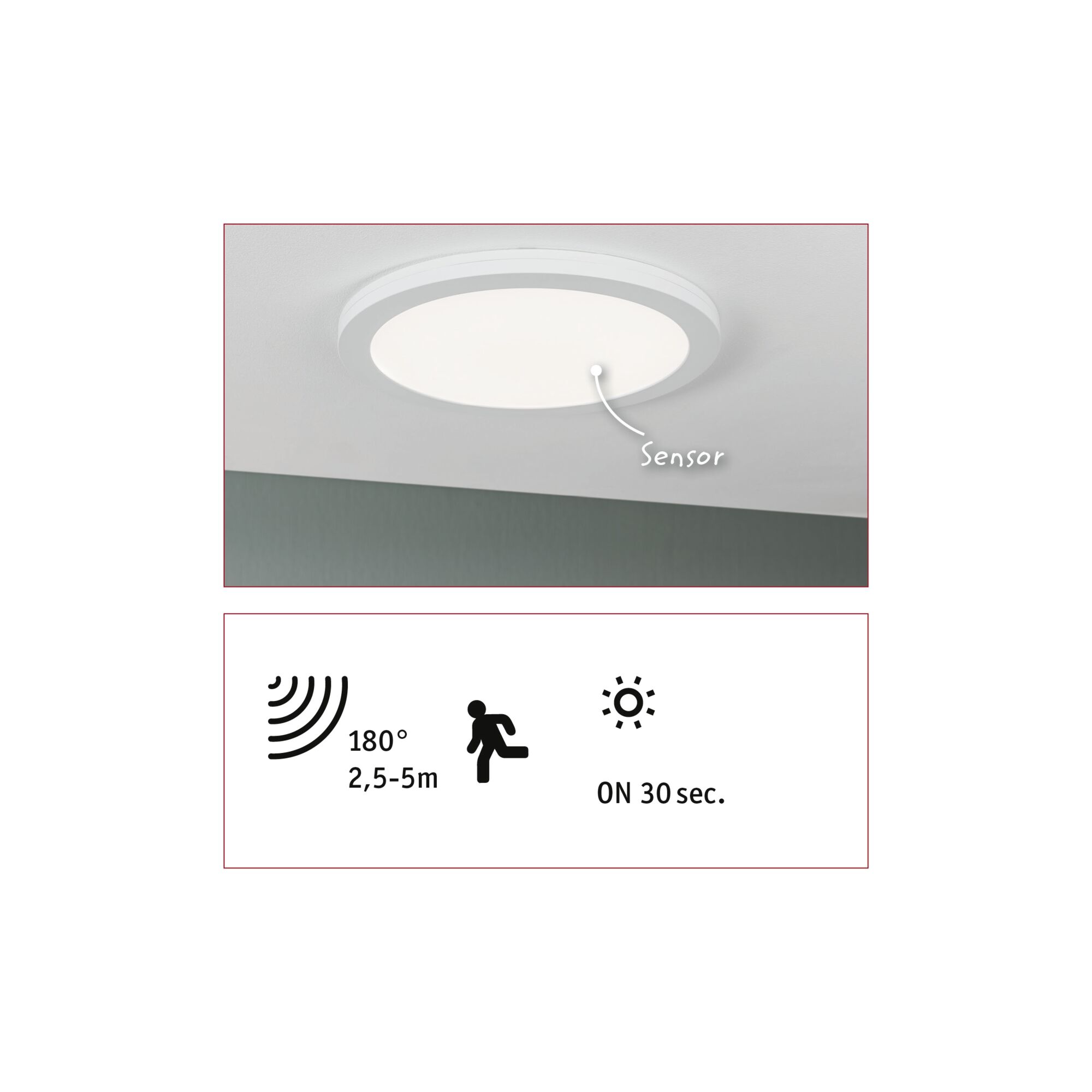 Ronde witte plafondlamp met ingebouwde sensor en 180° bewegingsdetector voor energiebesparende verlichting.