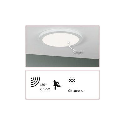 Round white ceiling light with built-in sensor and 180° motion detector for energy-saving lighting.