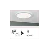 Rund hvid loftslampe med indbygget sensor og 180° bevægelsesdetektor til energibesparende belysning.