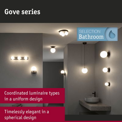 Gove series bathroom lights with spherical white glass shades and black metal in coordinated modern design