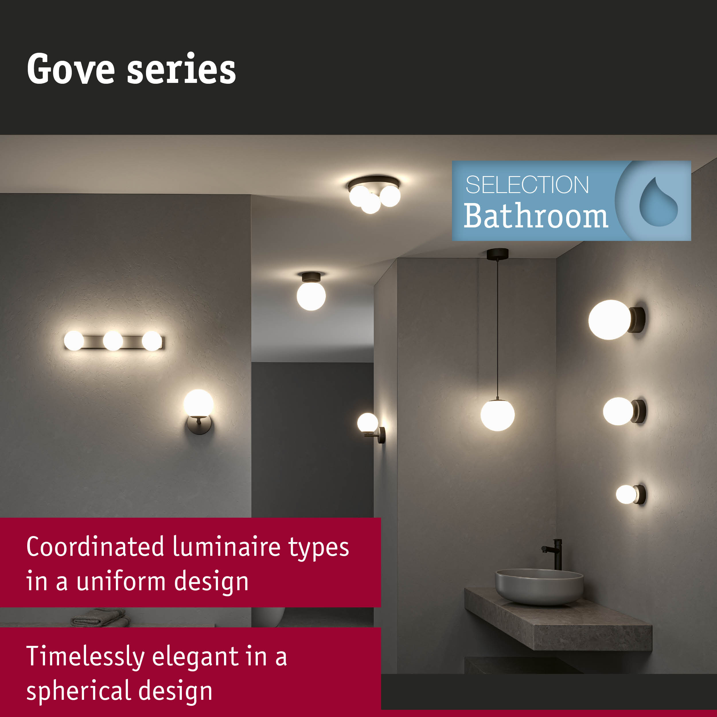 Gove series bathroom lights in matte black with white spherical shades, elegant bathroom lighting design