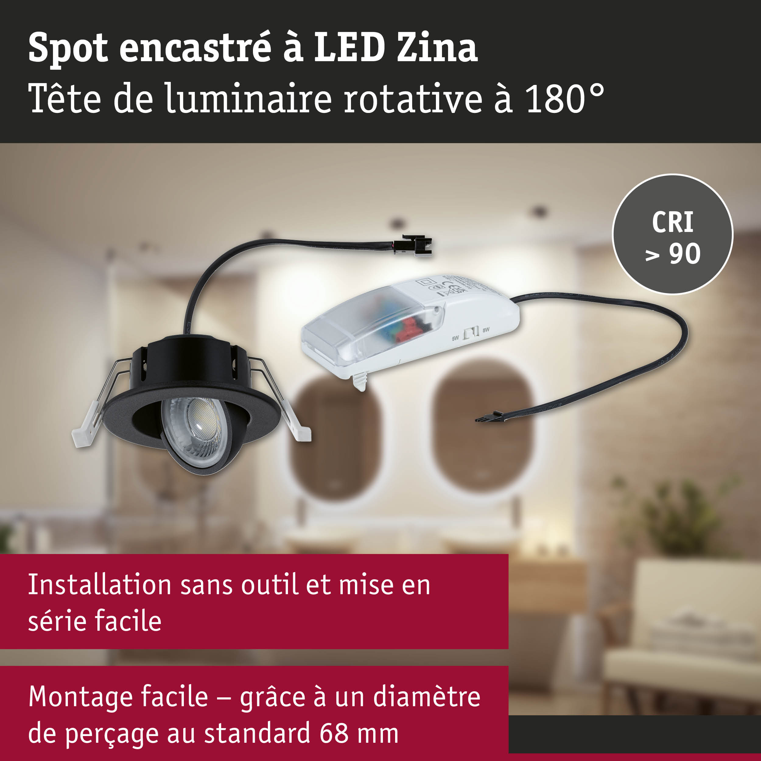 Spot encastré LED Zina noir avec tête rotative à 180° et câble de connexion pour éclairage intérieur