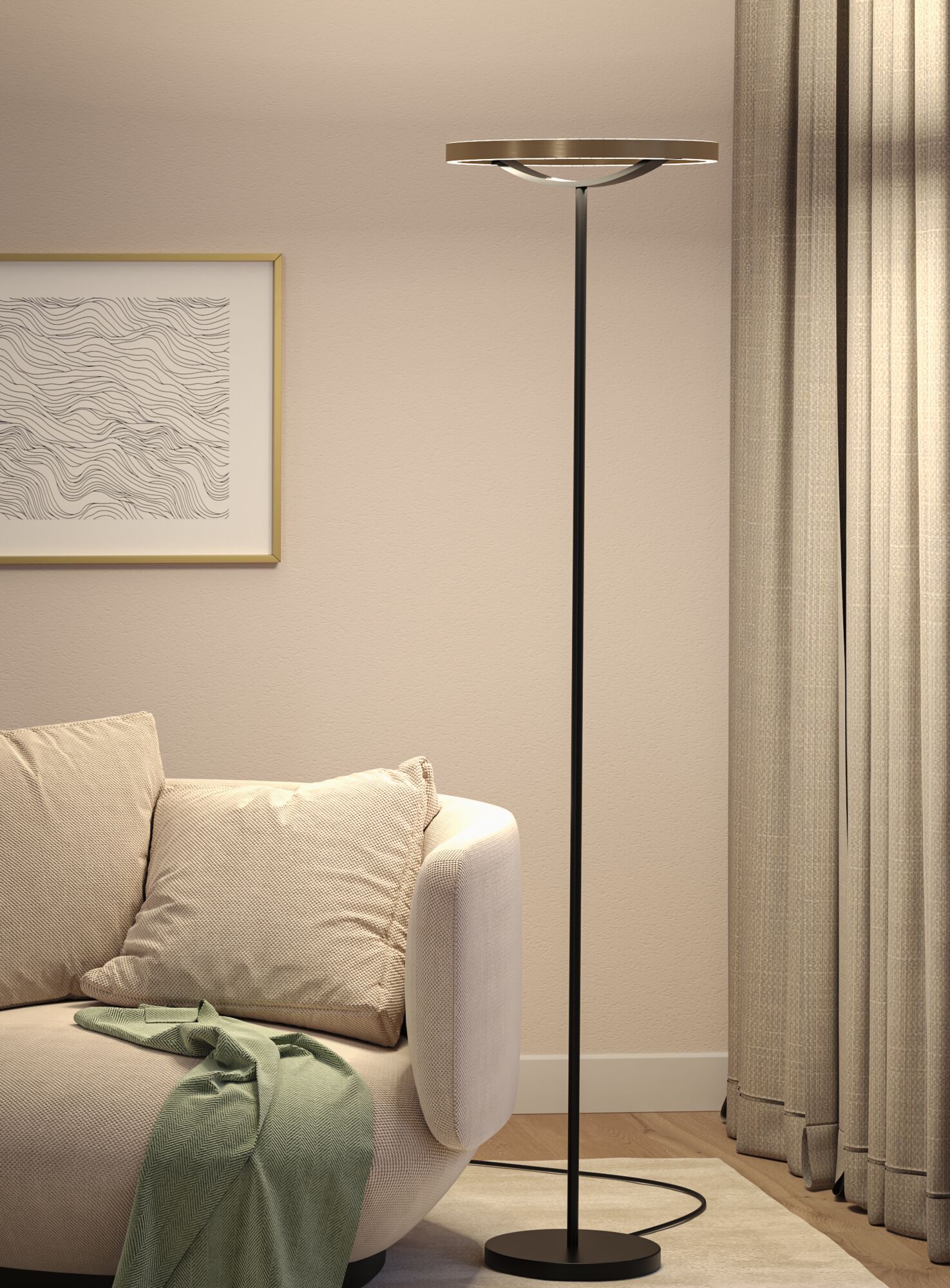 Black floor lamp with round gold light panel in modern living room featuring beige sofa.