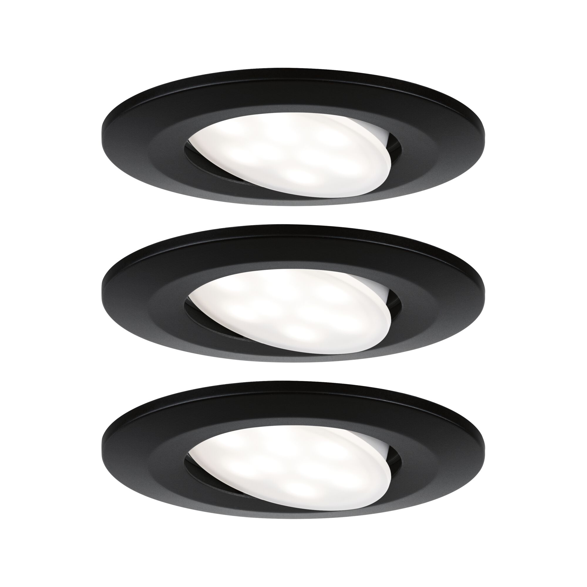 Drei schwarze LED-Einbaustrahler mit schwenkbarem weißen Leuchtmittel für flexible Raumbeleuchtung