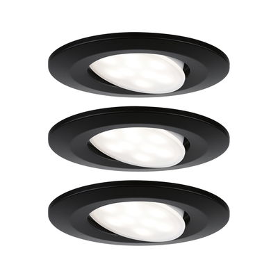 Drei schwarze LED-Einbaustrahler mit schwenkbarem weißen Leuchtmittel für flexible Raumbeleuchtung
