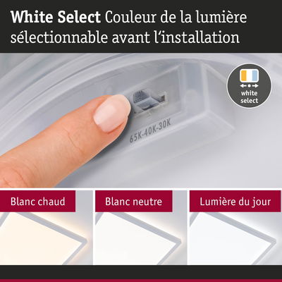Doigt réglant la couleur de lumière White Select LED avec blanc chaud, blanc neutre et lumière du jour