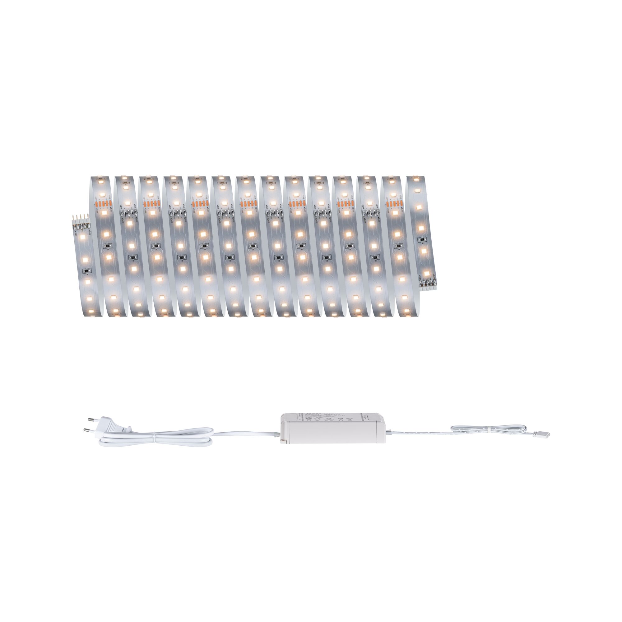 Flexible LED strip with warm white lights and white power supply for modern room lighting