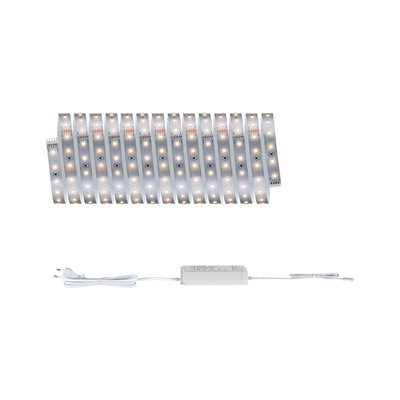 Flexible LED strip with warm white lights and white power supply for modern room lighting
