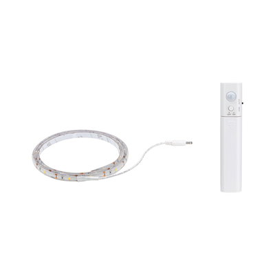 Weißes LED-Lichtband mit Bewegungsmelder und Steuereinheit für flexible Lichtsteuerung im Innenbereich