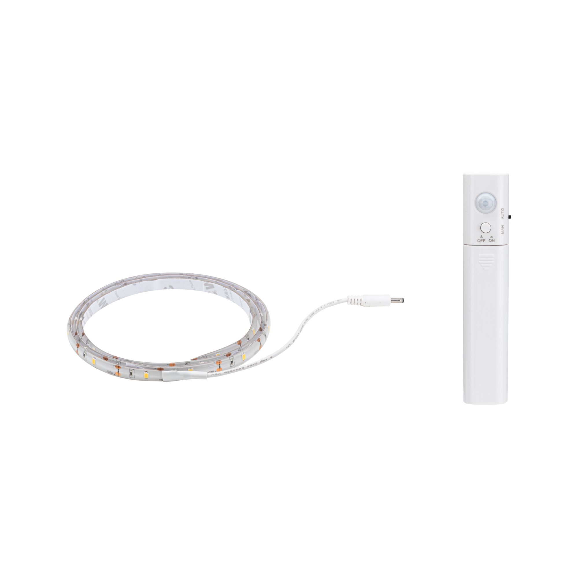 Weißes LED-Lichtband mit Bewegungsmelder und Steuereinheit für flexible Lichtsteuerung im Innenbereich