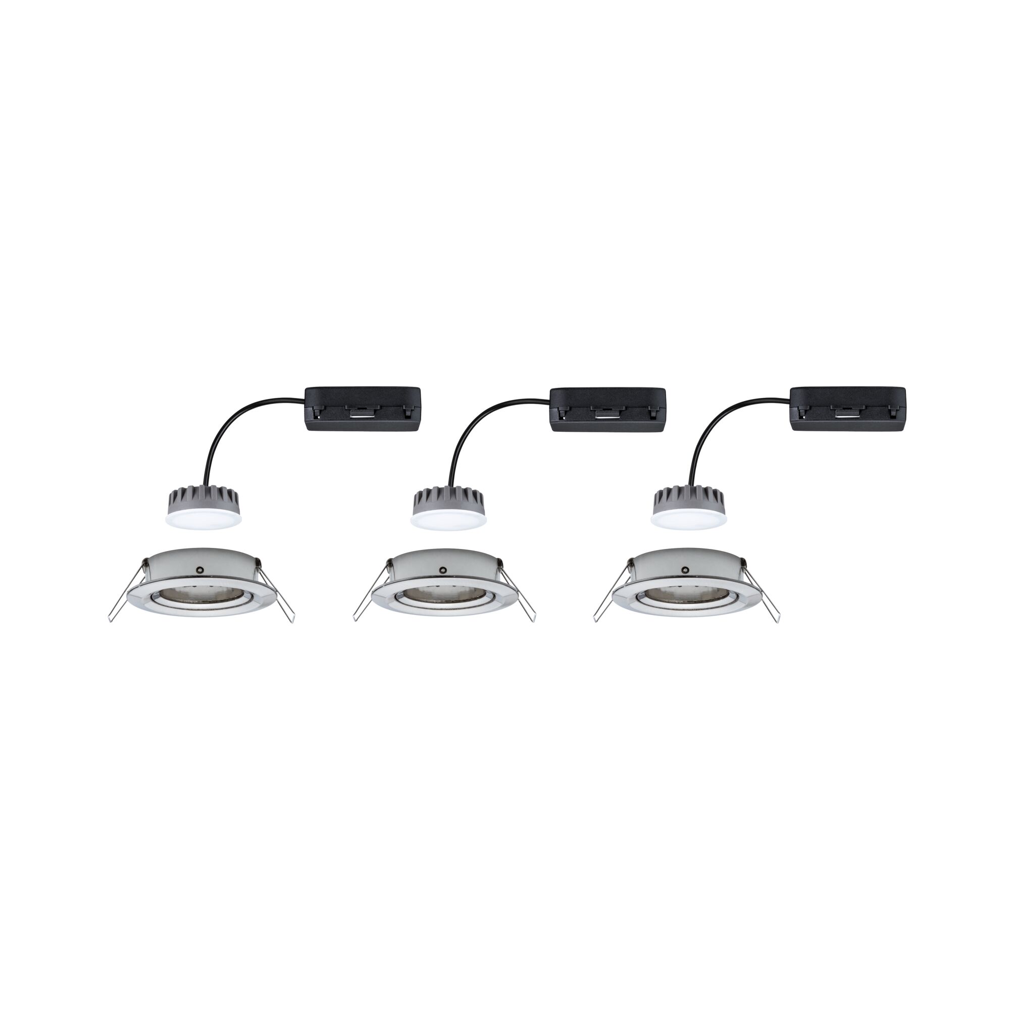 Three white LED recessed spotlights with black cable and silver frame for modern lighting solutions