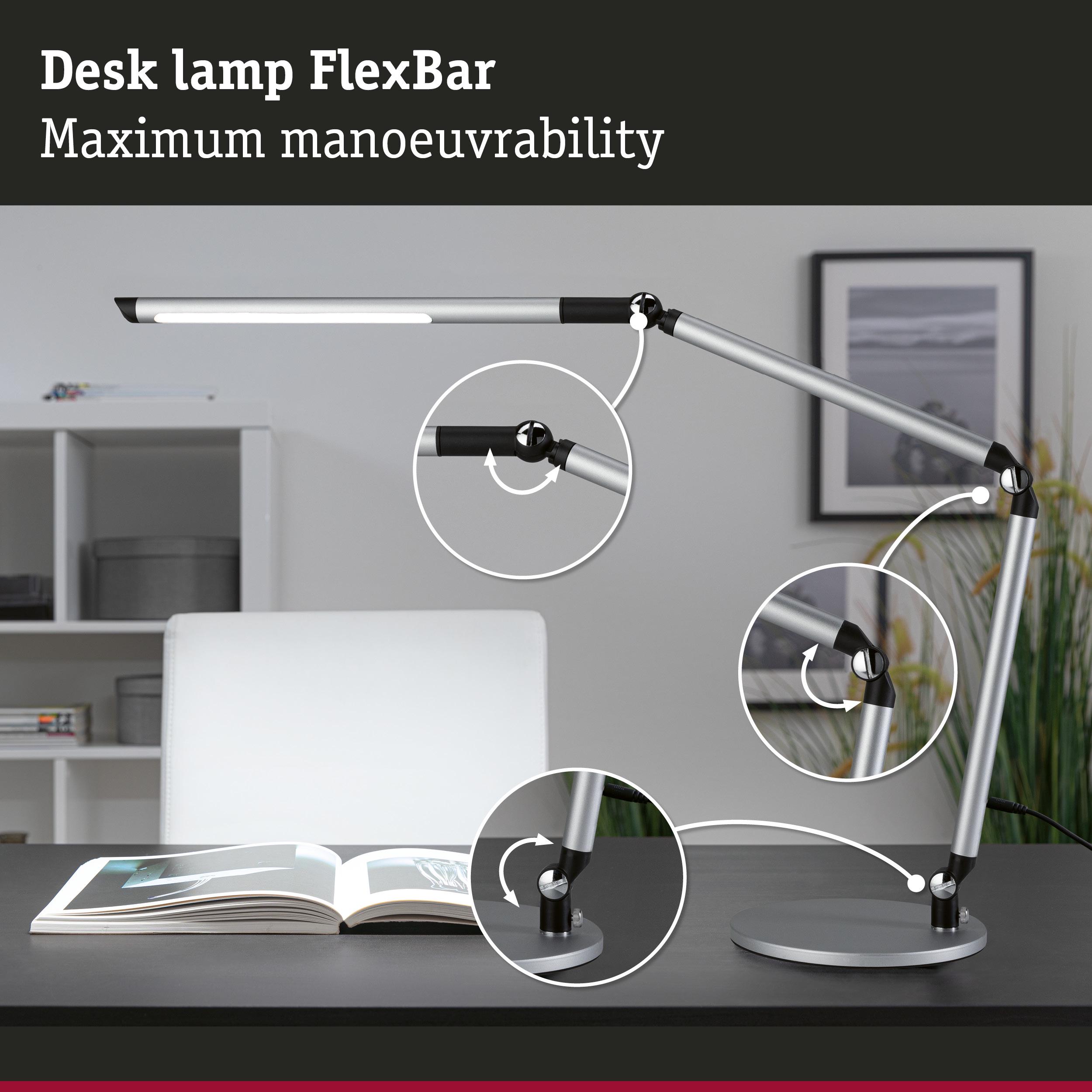 Silver metal FlexBar desk lamp with adjustable joints for maximum manoeuvrability and focused workspace lighting