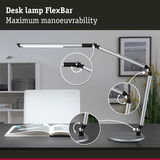 Silver metal FlexBar desk lamp with adjustable joints for maximum manoeuvrability and focused workspace lighting