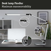 Silver metal FlexBar desk lamp with adjustable joints for flexible lighting at the workspace