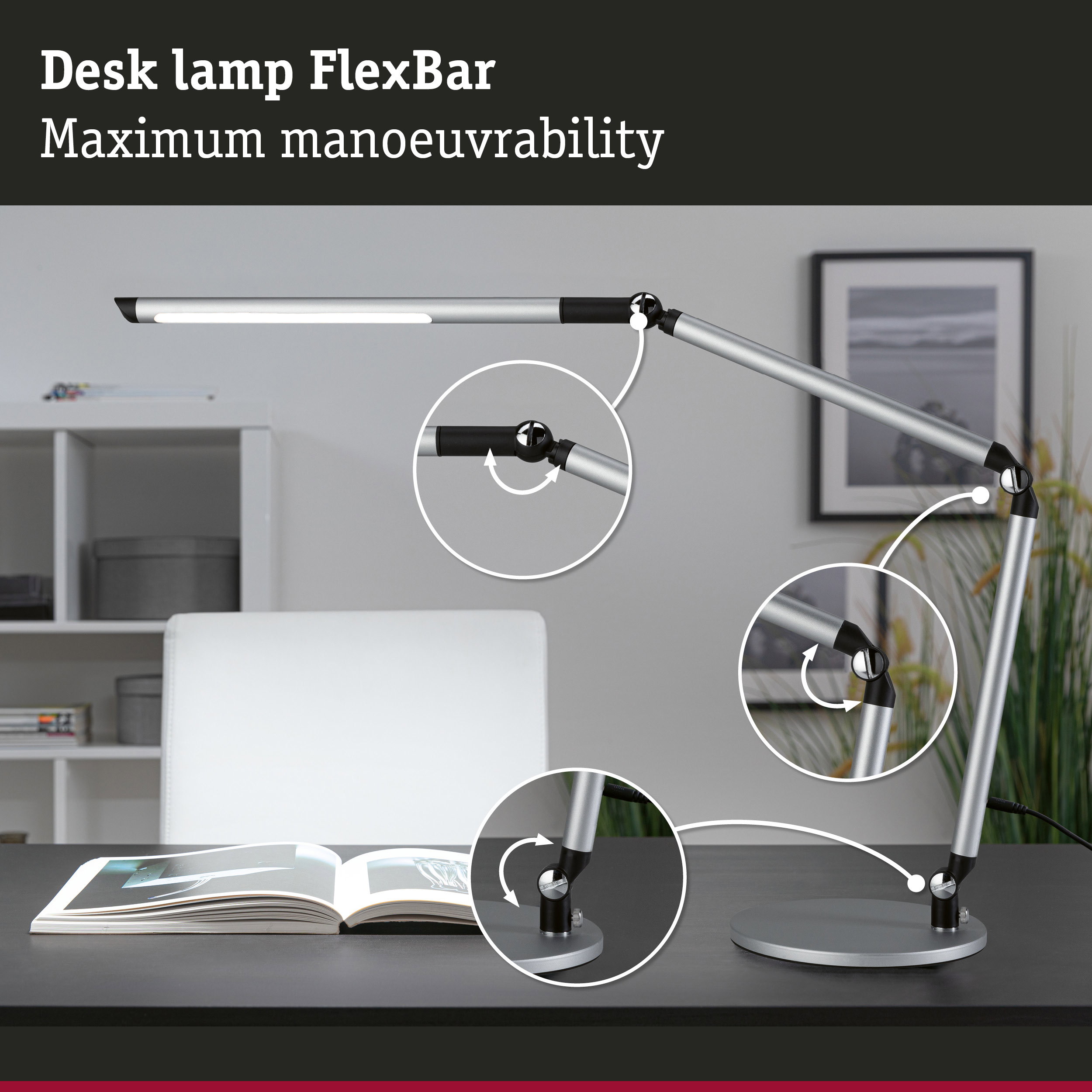 Silver metal FlexBar desk lamp with adjustable joints for flexible lighting at the workspace