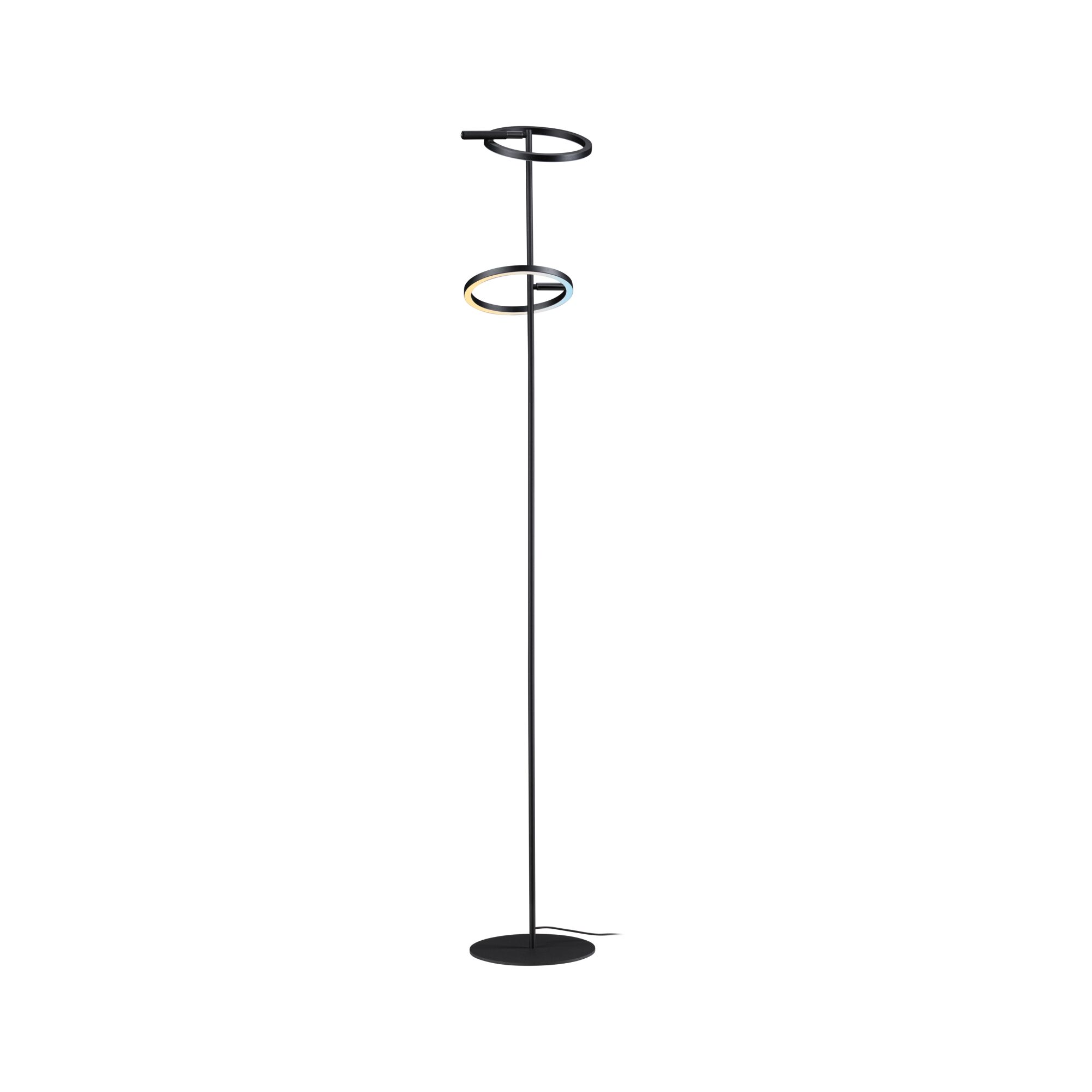 Modern black floor lamp with two LED rings and adjustable light color for living room lighting