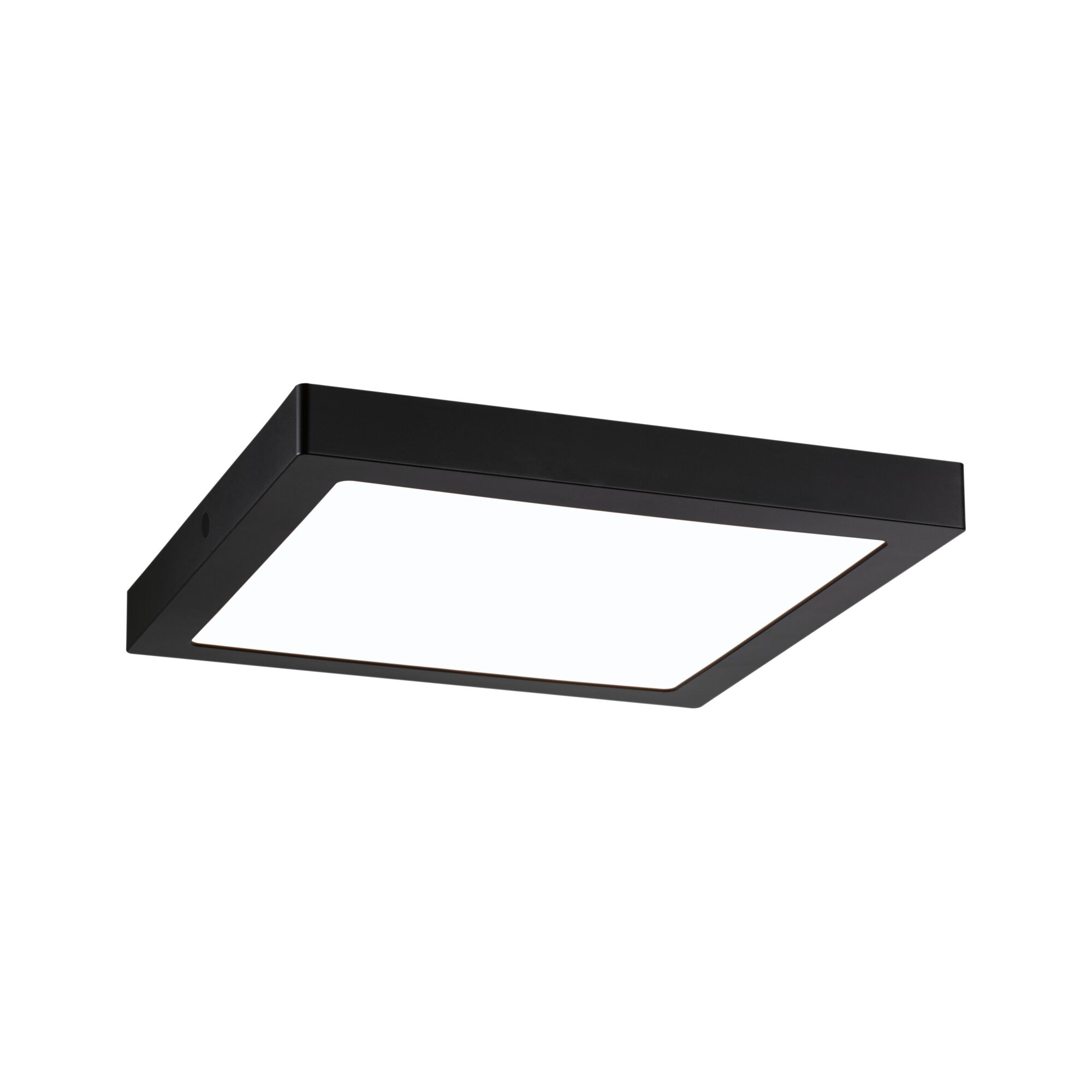 Black square LED ceiling light with white plastic diffuser for modern indoor lighting solutions