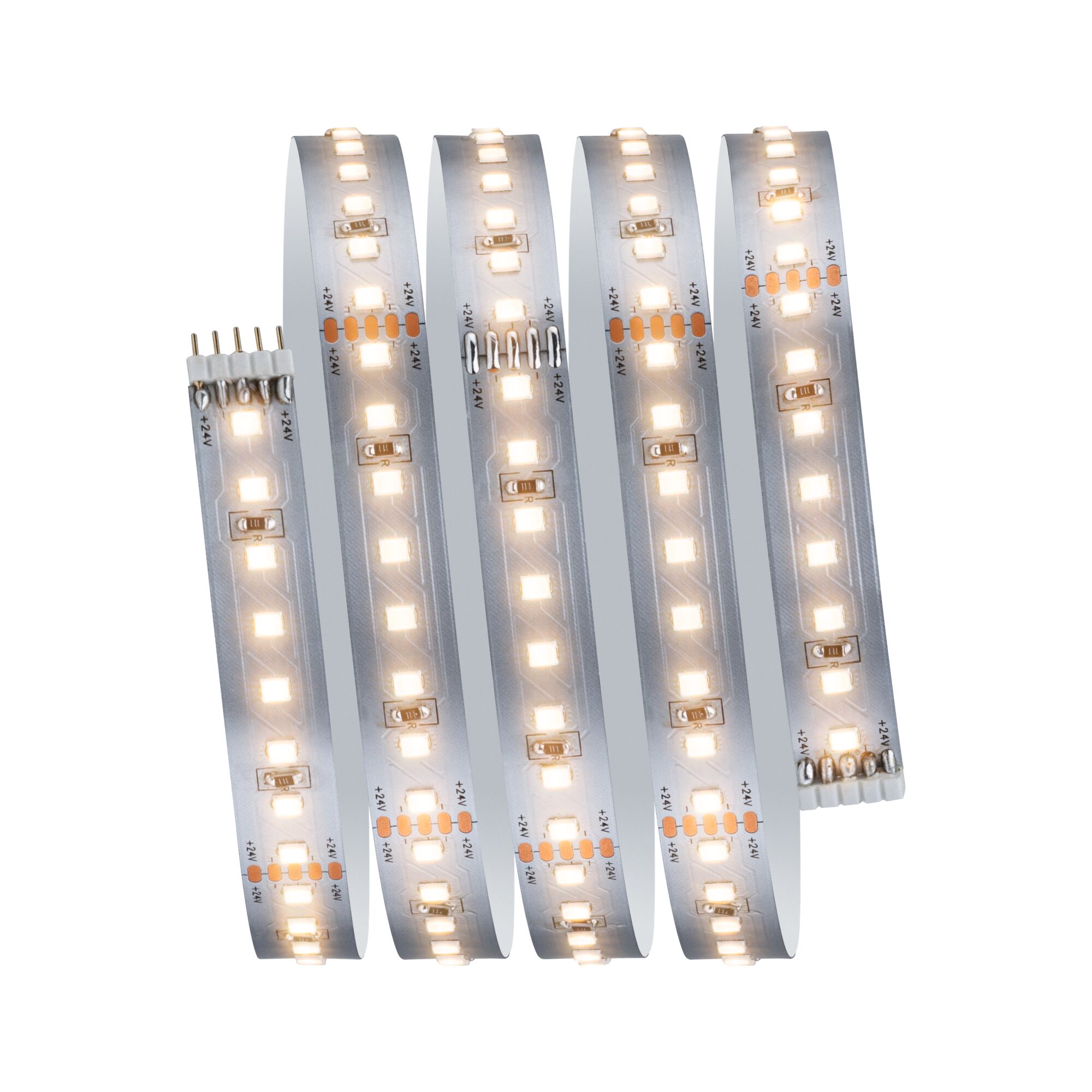 Flexibler LED-Lichtstreifen mit warmweißem Licht, 24V, ideal für moderne Wohnraumbeleuchtung.