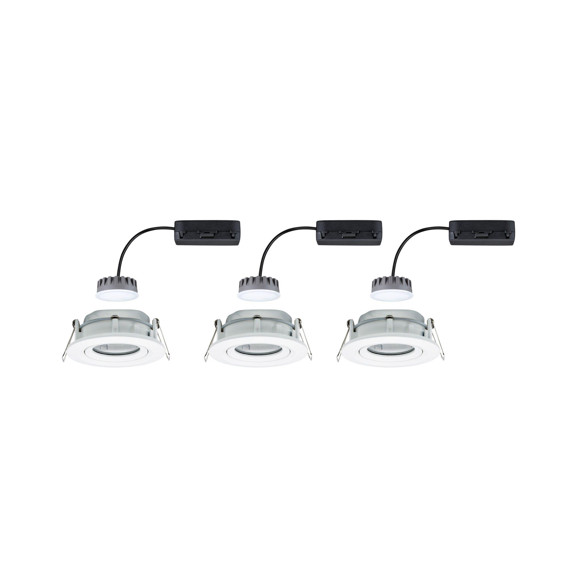 Set of three white LED recessed spotlights with grey heat sinks and black connection boxes for modern lighting