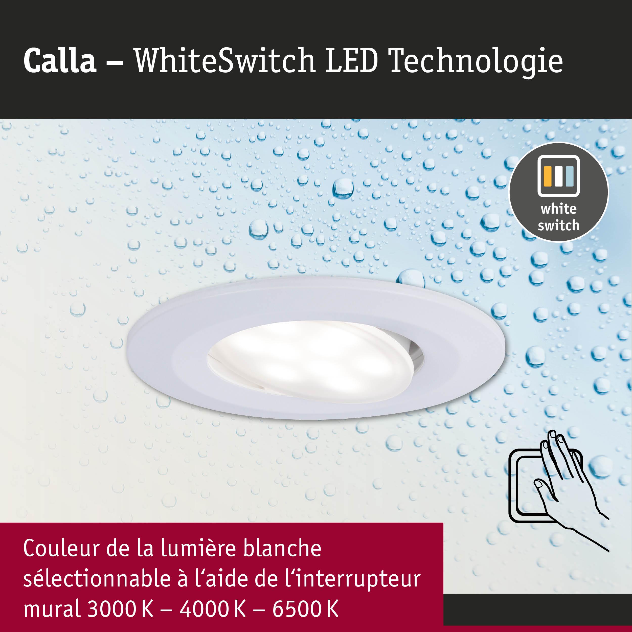 Spot encastré LED Calla blanc avec technologie WhiteSwitch pour couleur de lumière réglable 3000K-6500K