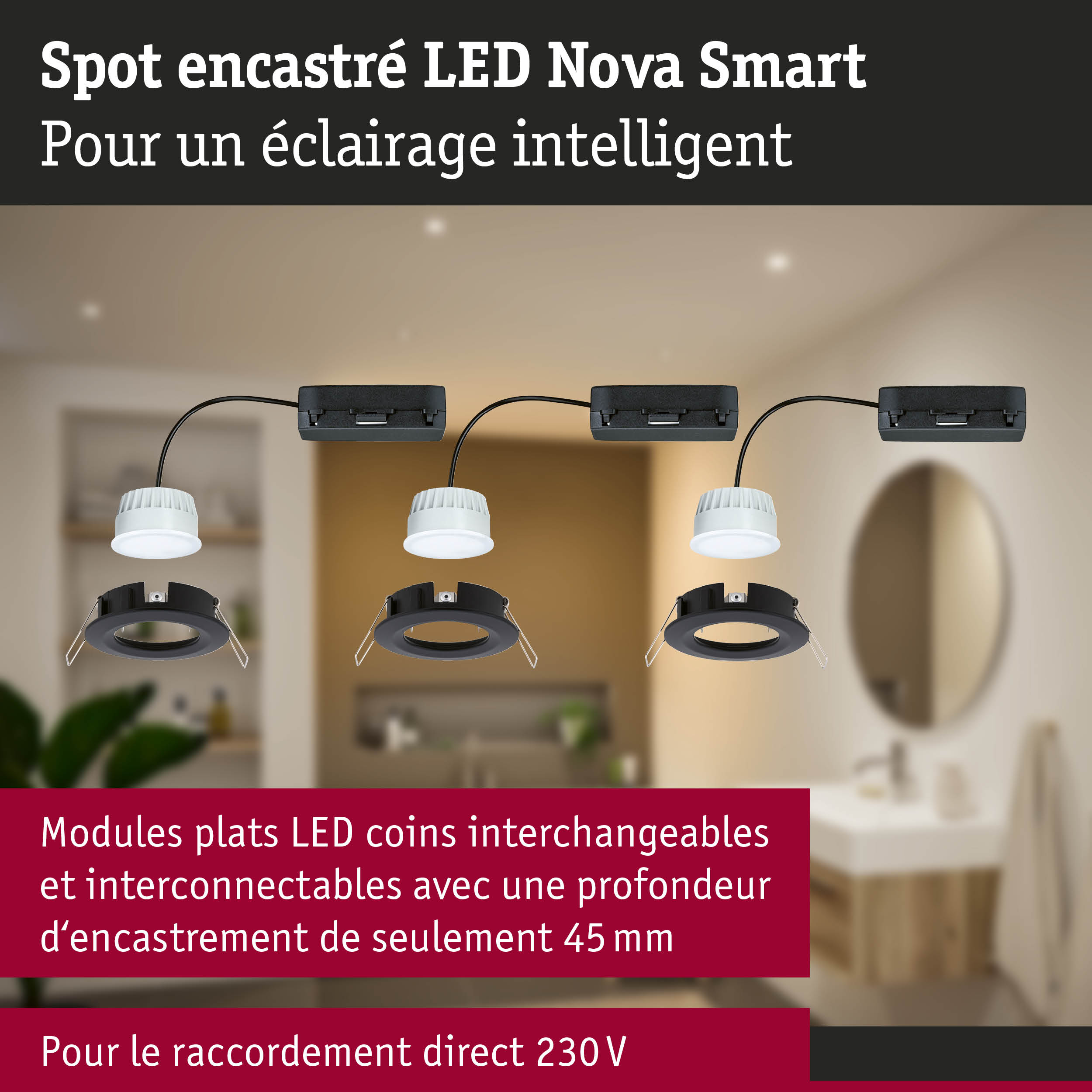 Spot encastré LED Nova Smart noir avec module LED blanc pour éclairage intelligent